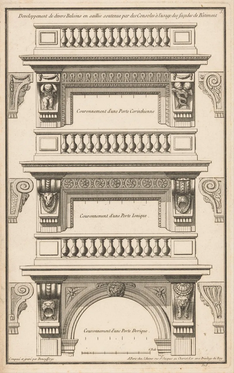 Developpement De Divers Balcons En Saillie Soutenue Par Des Consoles A Lusage Des Facades De Batiment Wall Art by Jean François de Neufforge - High-Resolution Digital Print