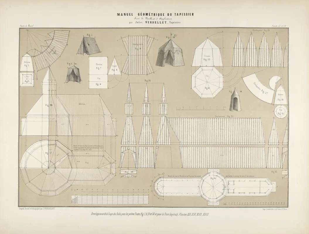 Developpement De La Coupe Des Toiles Pour Les Petites Tentes Fig 1 5 10 Et 14 Et Pour La Tente Imperiale Planches Xlv Xlvi Xlvii Xlviii Wall Art by Jules Verdellet - High-Resolution Digital Print