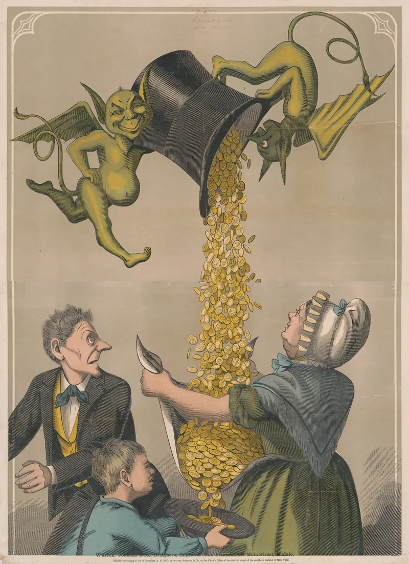 Devils Pouring Gold Coins From Hat Into Womans Apron And Boys Hat Wall Art by Warren, Johnson & Co. - High-Resolution Digital Print