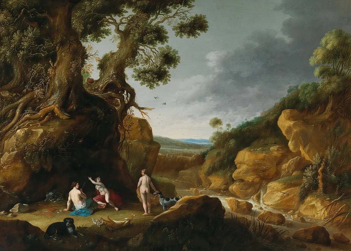 Diana And Her Nymphs In A Rocky Wooded River Landscape Wall Art by Gillis Claesz. de Hondecoeter - High-Resolution Digital Print