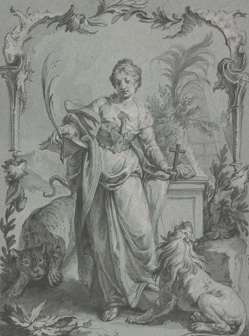 Die Heilige Euphemia Mit Kreuz Und Palme Vor Einem Altar Stehend Wall Art by Johann Wolfgang Baumgartner - High-Resolution Digital Print