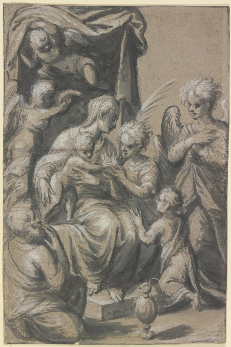 Die Heilige Familie Mit Dem Johannesknaben Unter Einem Baldachin Von Vier Engeln Umgeben Ein Engel Empfangt Von Dem Christkind Eine Krone Fur Den Knienden Knaben Wall Art by Georg Kopp the Elder - High-Resolution Digital Print
