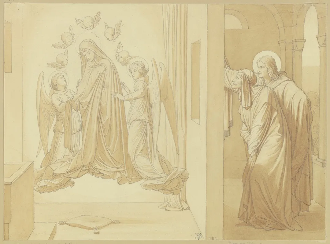 Die Heiligen Johannes Der Evangelist Und Dionysos Die Im Gebet Schwebende Maria Beobachtend Wall Art by Eduard von Steinle - High-Resolution Digital Print