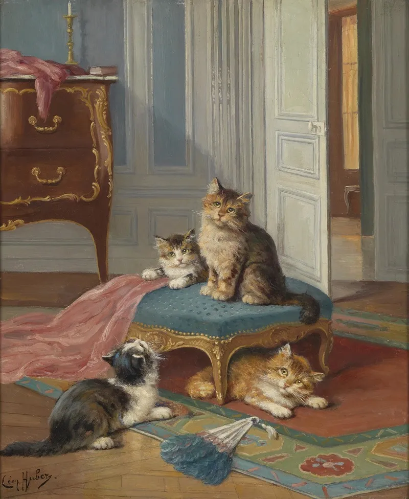 Die Katzenfamilie Wall Art by Léon Huber - High-Resolution Digital Print