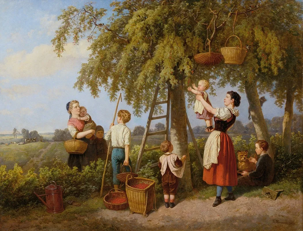 Die Kirschenernte Bauernfamilie Im Obstgarten Wall Art by Theodor Hosemann - High-Resolution Digital Print