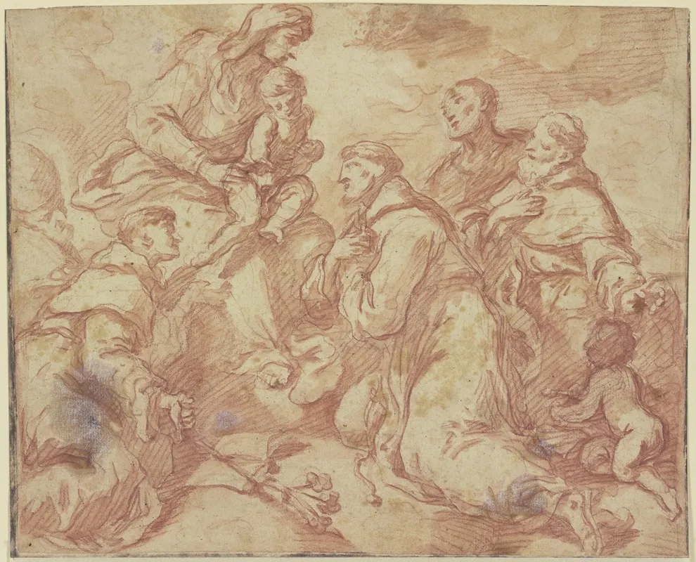 Die Muttergottes Mit Dem Jesuskind Auf Wolken Umgeben Von Den Heiligen Antonius Von Padua Und Franziskus Sowie Zwei Weiteren Heiligen Wall Art by Antonio Balestra - High-Resolution Digital Print