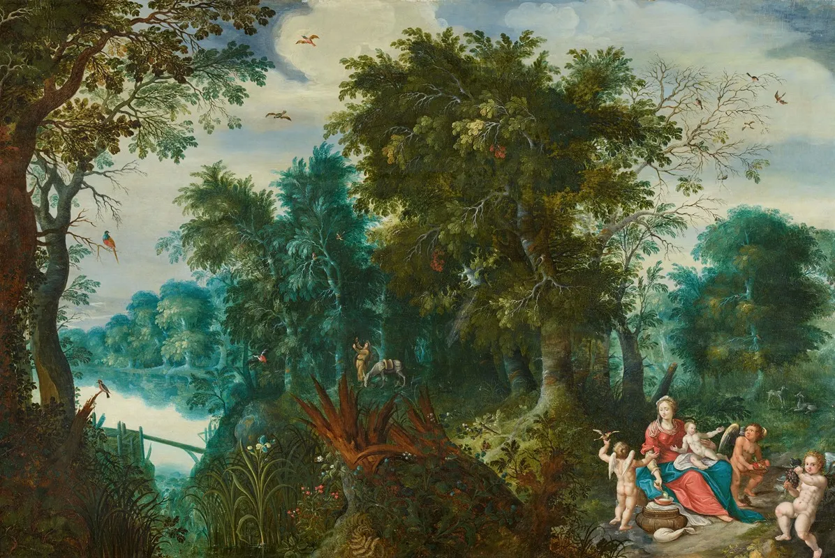Die Ruhe Auf Der Flucht Nach Agypten Mit Fruchte Reichenden Engeln Wall Art by Alexander Keirincx - High-Resolution Digital Print