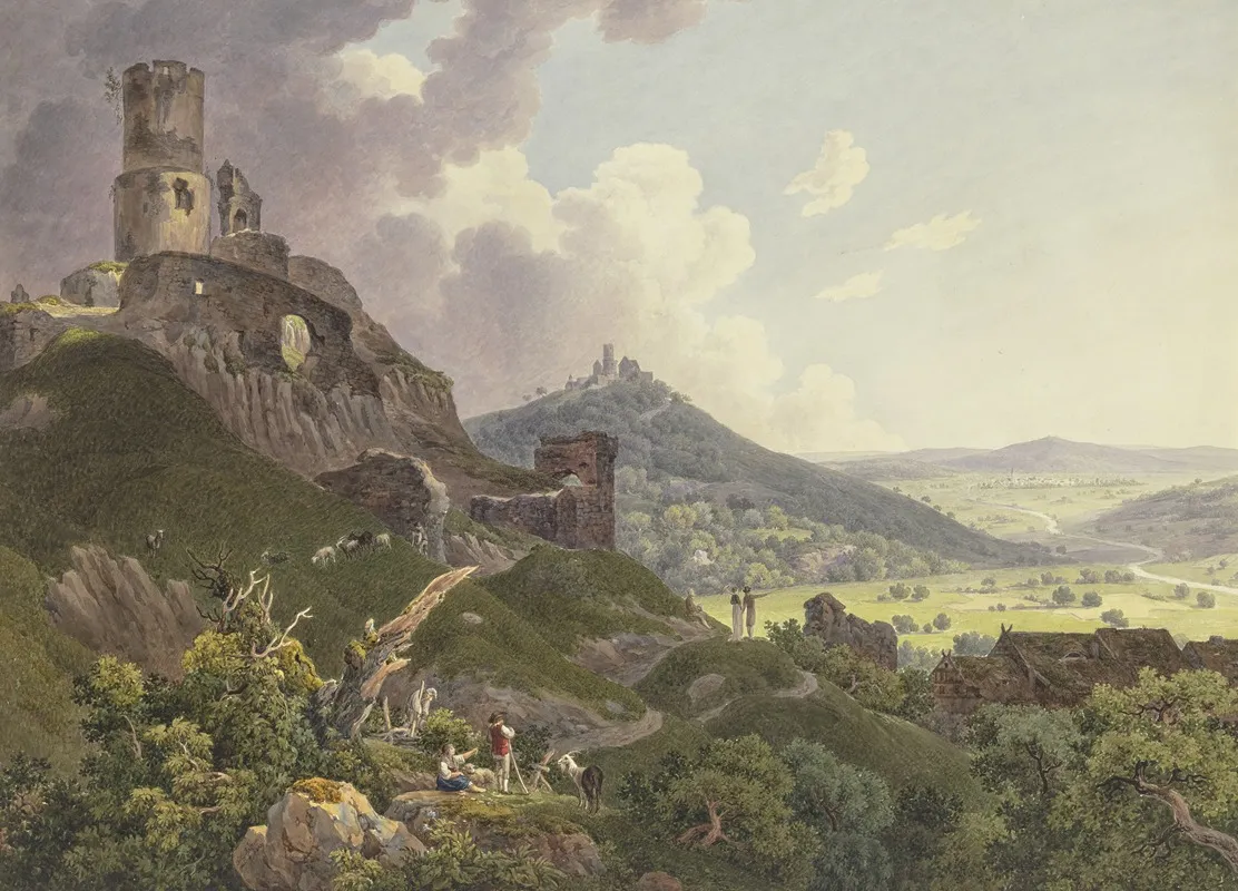 Die Ruinen Gleiberg Und Vetzberg Bei Giesen Links Die Beiden Burgruinen Auf Bergen Rechts Ein Weites Tal Im Vordergrund Ausflugler Und Hirten Wall Art by Friedrich Christian Reinermann - High-Resolution Digital Print