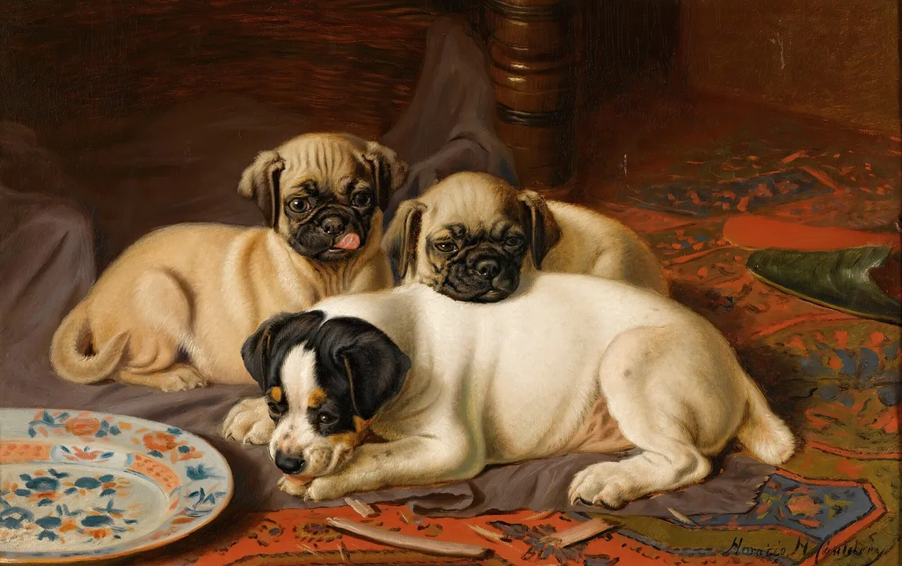 Dinner Two Pugs And A Terrier Wall Art by Horatio Henry Couldery - High-Resolution Digital Print