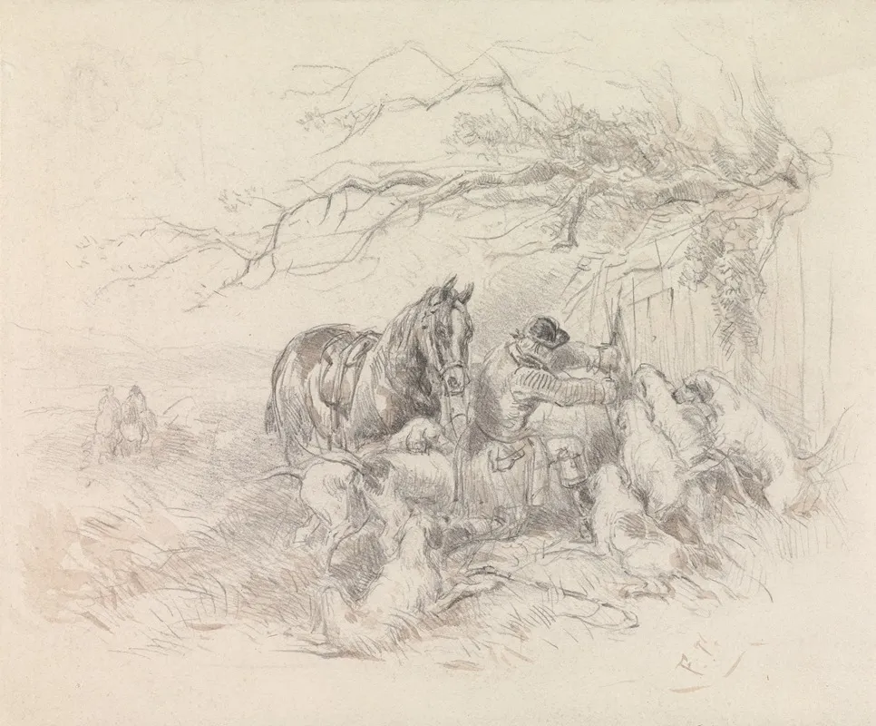 Dismounted Rider Breaking Open A Fence For Foxhounds To Pass Through