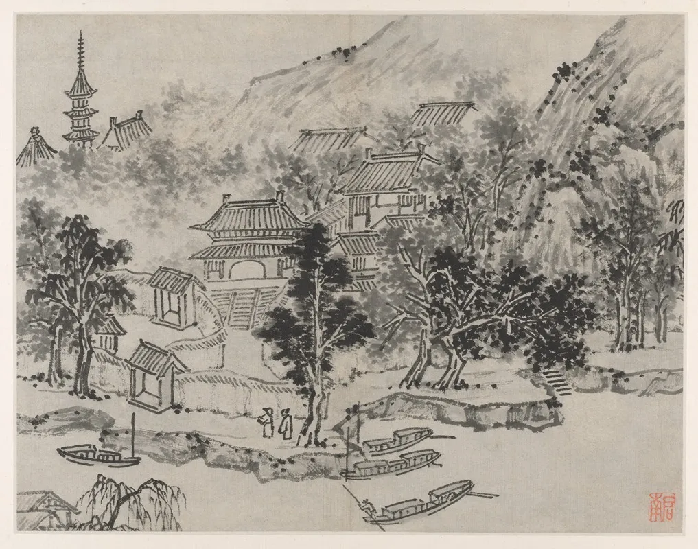 Distant View Of Tiger Hill From The Canal Mooring From Twelve Views Of Tiger Hill Suzhou