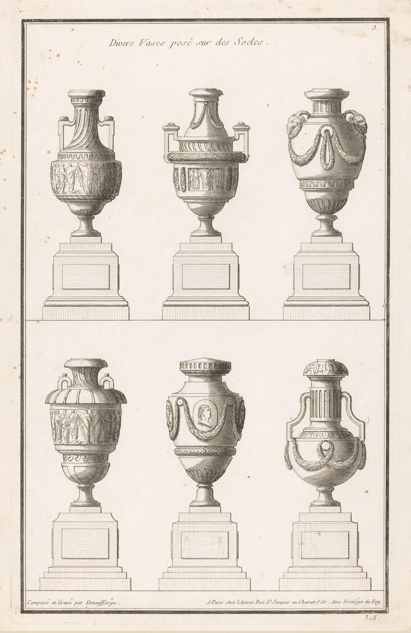 Divers Vases Pose Sur Des Socles Wall Art by Jean François de Neufforge - High-Resolution Digital Print