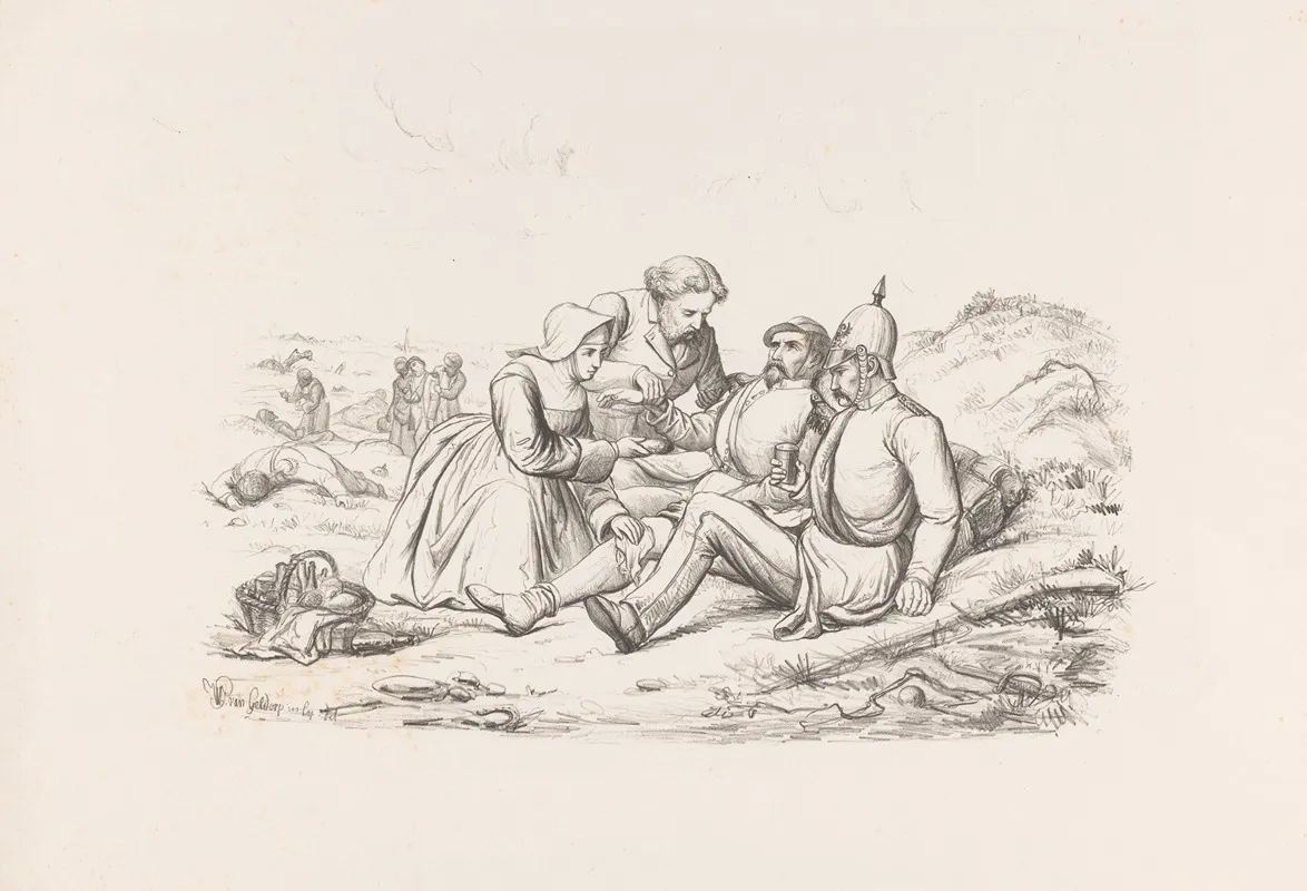 Doctor And Nurse Tend To Wounded On Battlefield Wall Art by Wilhelmus Petrus van Geldorp - High-Resolution Digital Print