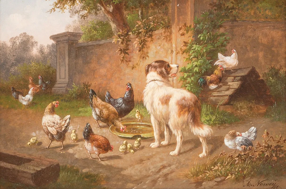 Dog Among Chicken Wall Art by Adolf Nowey - High-Resolution Digital Print