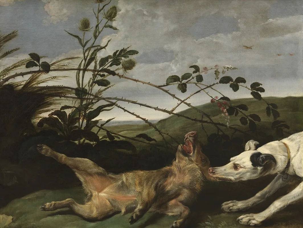 Dog Attacking Wild Boar Piglet Wall Art by Daniel Schultz - High-Resolution Digital Print
