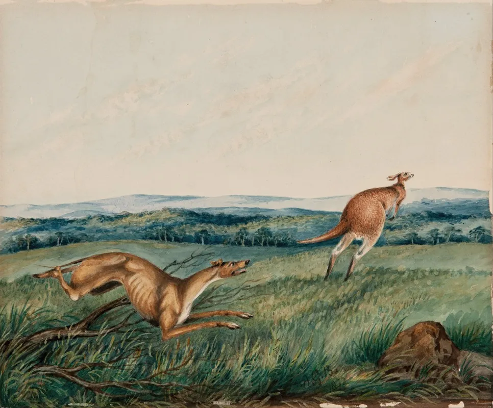 Dog Chasing A Kangaroo Wall Art by Adam Gustavus Ball - High-Resolution Digital Print