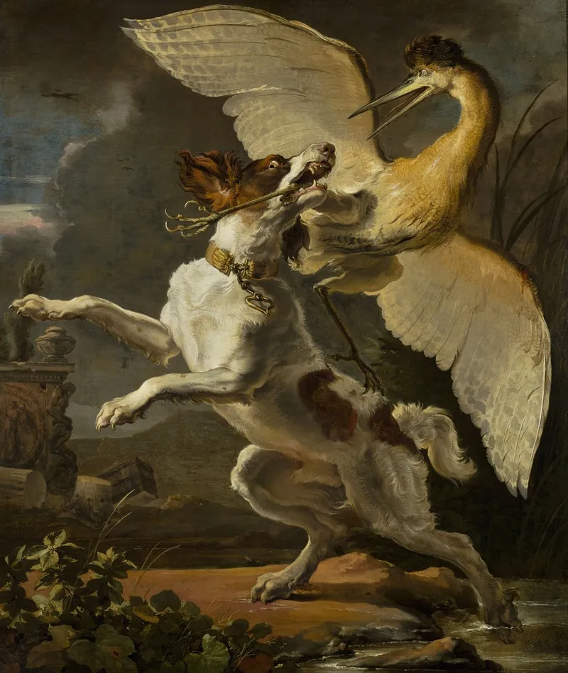Dog Fighting A Heron Wall Art by Abraham Hondius - High-Resolution Digital Print