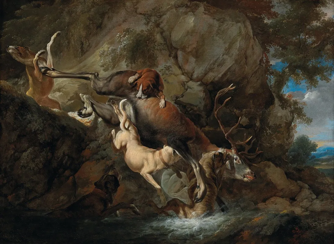 Dogs Attacking A Stag Wall Art by Carl Borromäus Andreas Ruthart - High-Resolution Digital Print