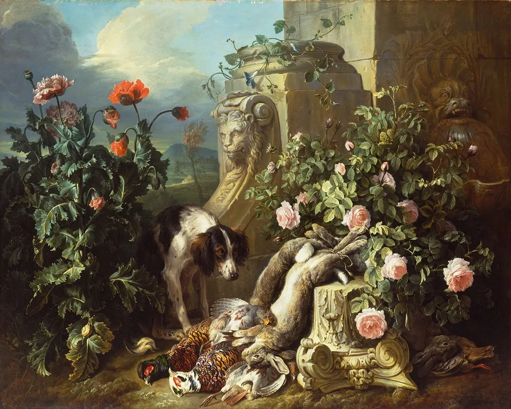 Dogs With Flowers And Dead Game Wall Art by Alexandre François Desportes - High-Resolution Digital Print