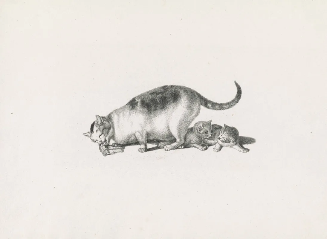 Domestic Cat Eating While Two Kittens Play Wall Art by Gottfried Mind - High-Resolution Digital Print