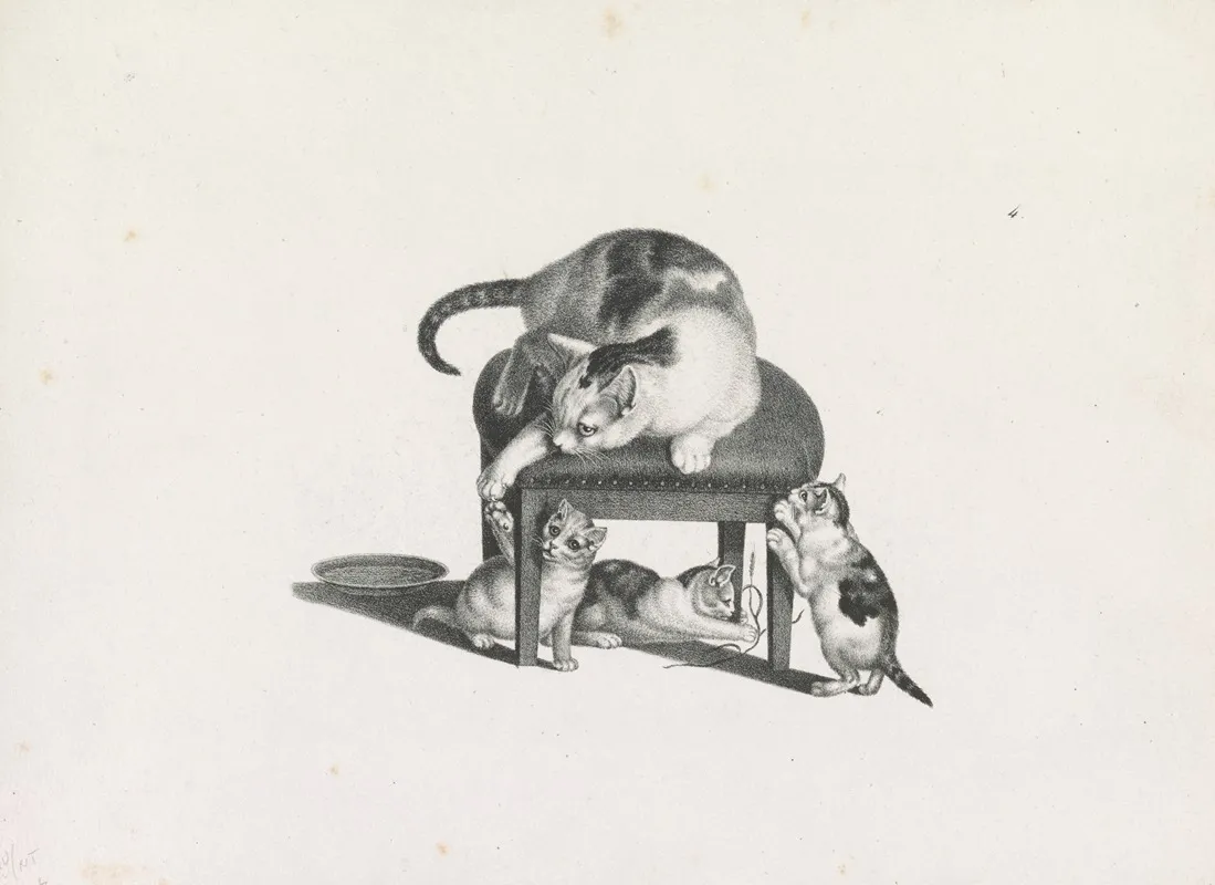 Domestic Cat On A Stool Playing With Three Kittens Wall Art by Gottfried Mind - High-Resolution Digital Print