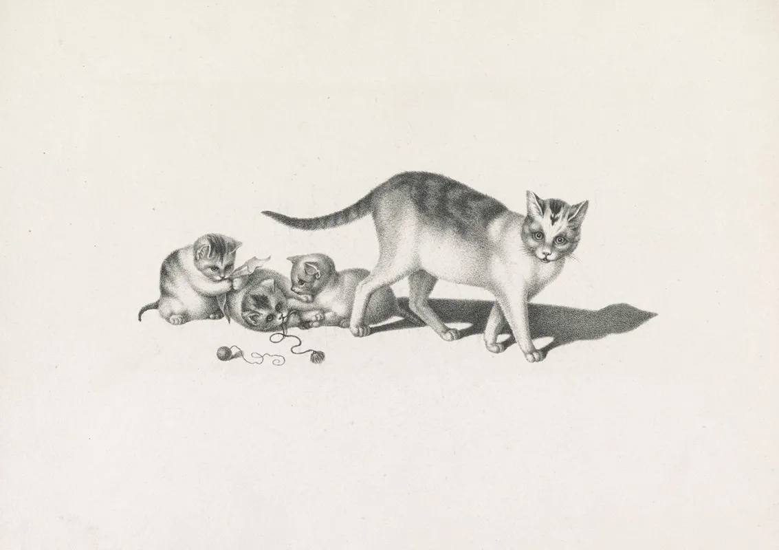 Domestic Cat With Three Kittens Playing Wall Art by Gottfried Mind - High-Resolution Digital Print