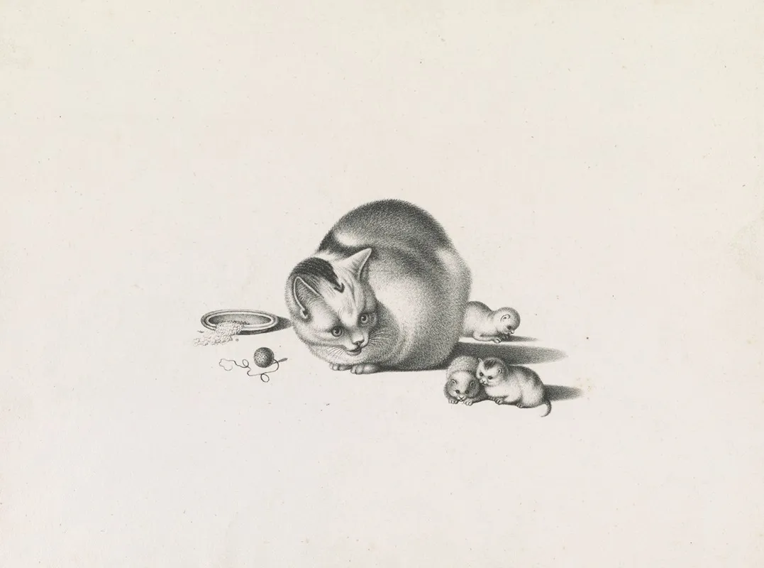 Domestic Cat With Three Newborn Kittens And A Saucer Of Food On The Left Wall Art by Gottfried Mind - High-Resolution Digital Print