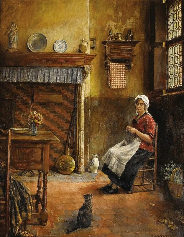 Domestic Interior With Woman Knitting Wall Art by Victor Anthonis - High-Resolution Digital Print