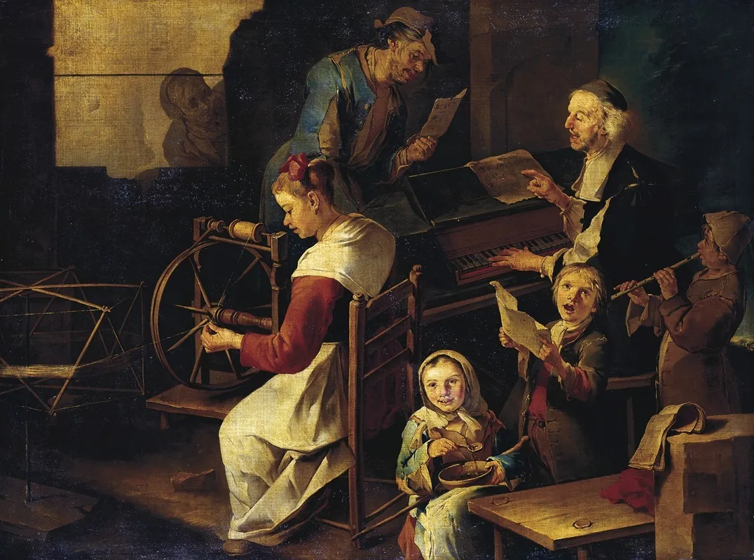 Domestic Scene With Musicians And Woman Spinning Wall Art by Giacomo Francesco Cipper - High-Resolution Digital Print