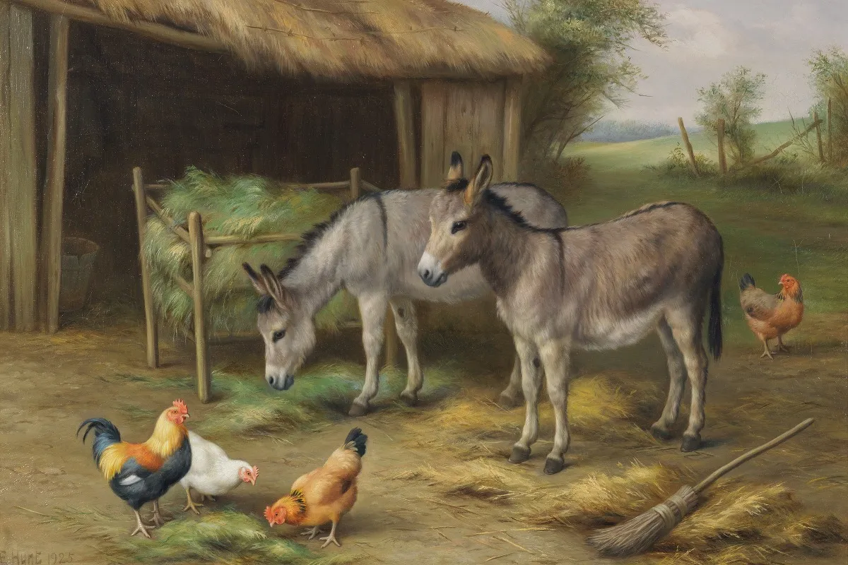 Donkeys And Chickens In A Farmyard Wall Art by Edgar Hunt - High-Resolution Digital Print