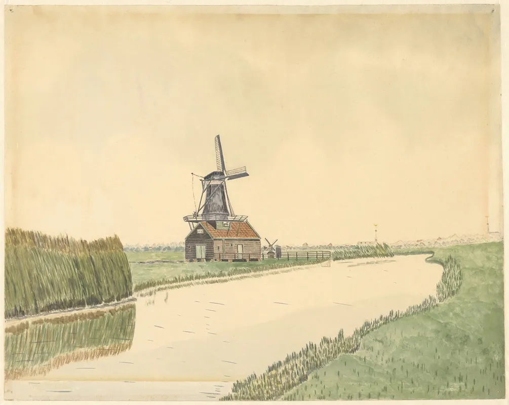 Doppenmolentje Het Vliegend Hert Engewormerringsloot Op De Achtergrond R Twee Torens Van De Beschuittoren En De Ned Herv Kerk Wall Art by Johannes Nicolaas Eijman - High-Resolution Digital Print