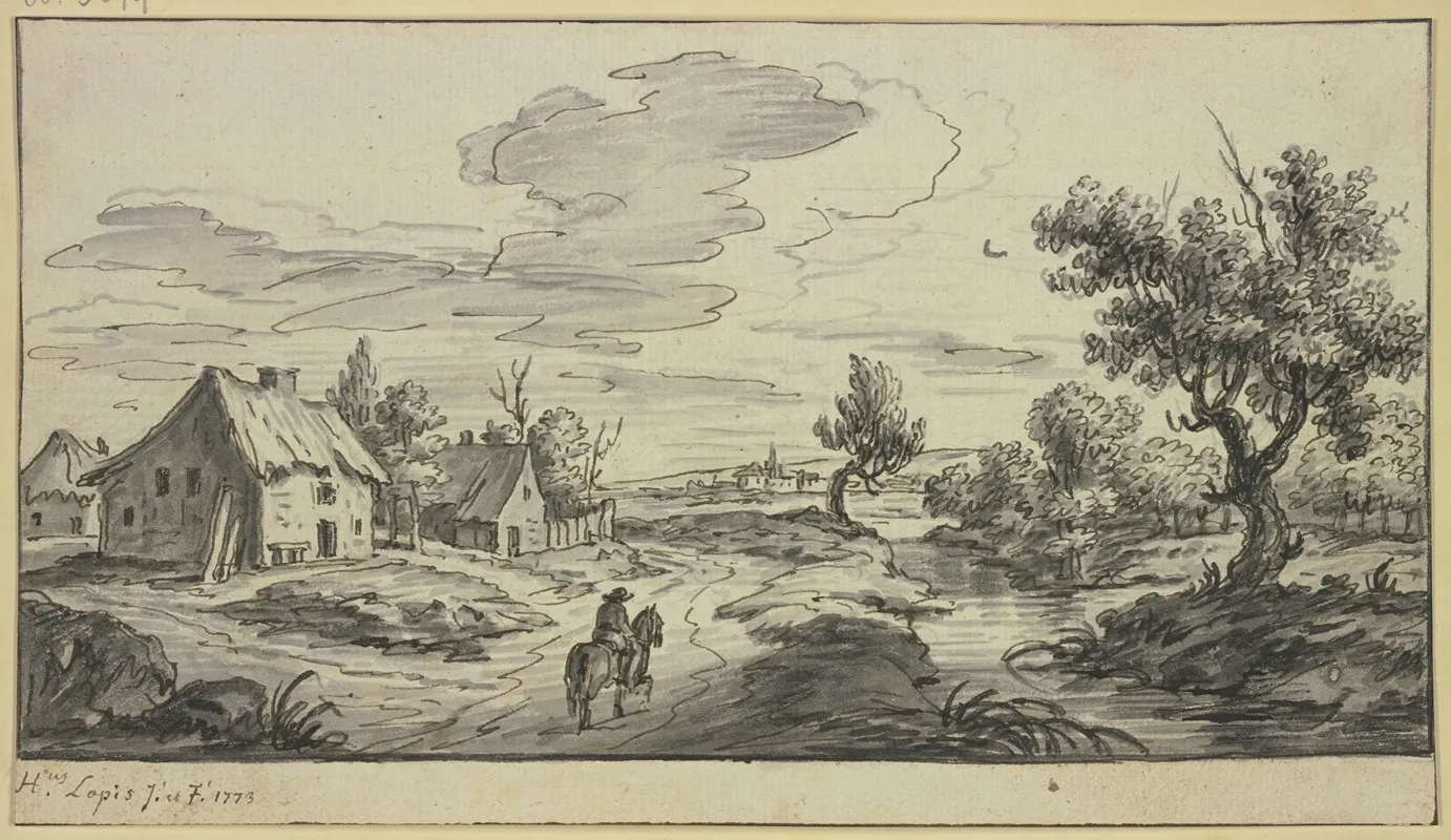 Dorf An Einem Bach Auf Dem Weg Ein Reiter Wall Art by Hieronymus Lapis - High-Resolution Digital Print