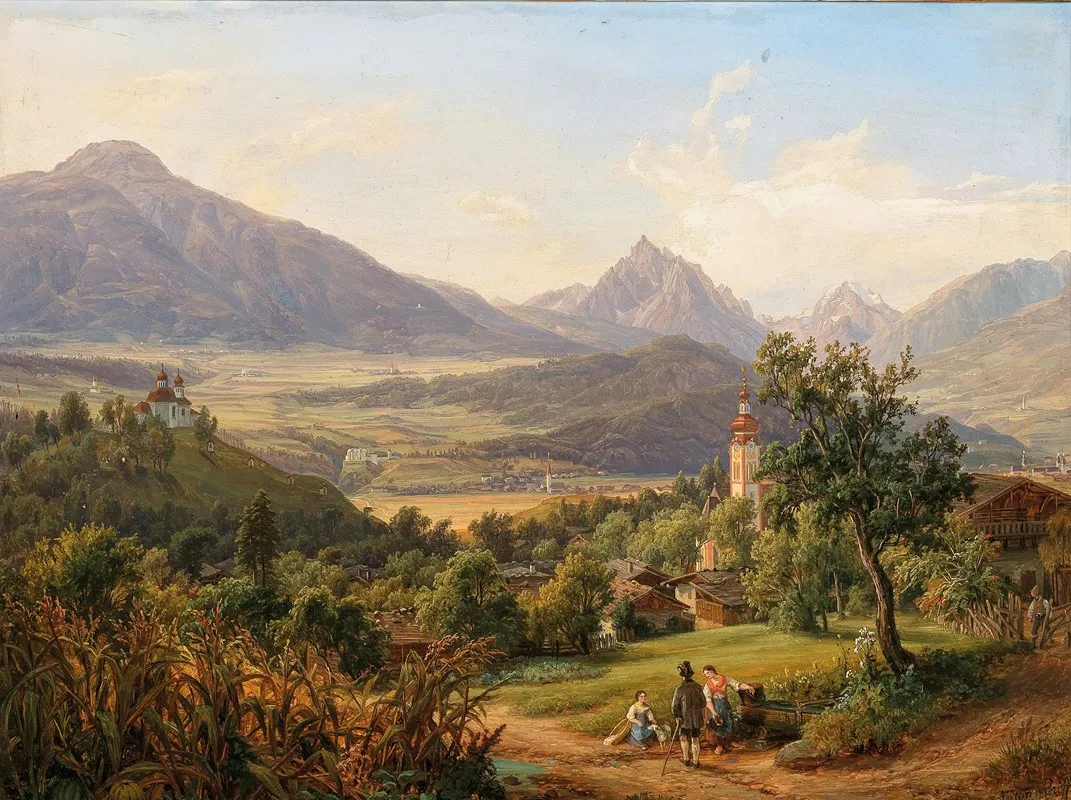 Dorf Arzl Und Der Kalvarienberg Von Innsbruck Mit Ansicht Schlos Anna Heiligen Wasser Der Waldraster Spitze Und Kleinen Stubayer Ferner Wall Art by Anton Schiffer - High-Resolution Digital Print