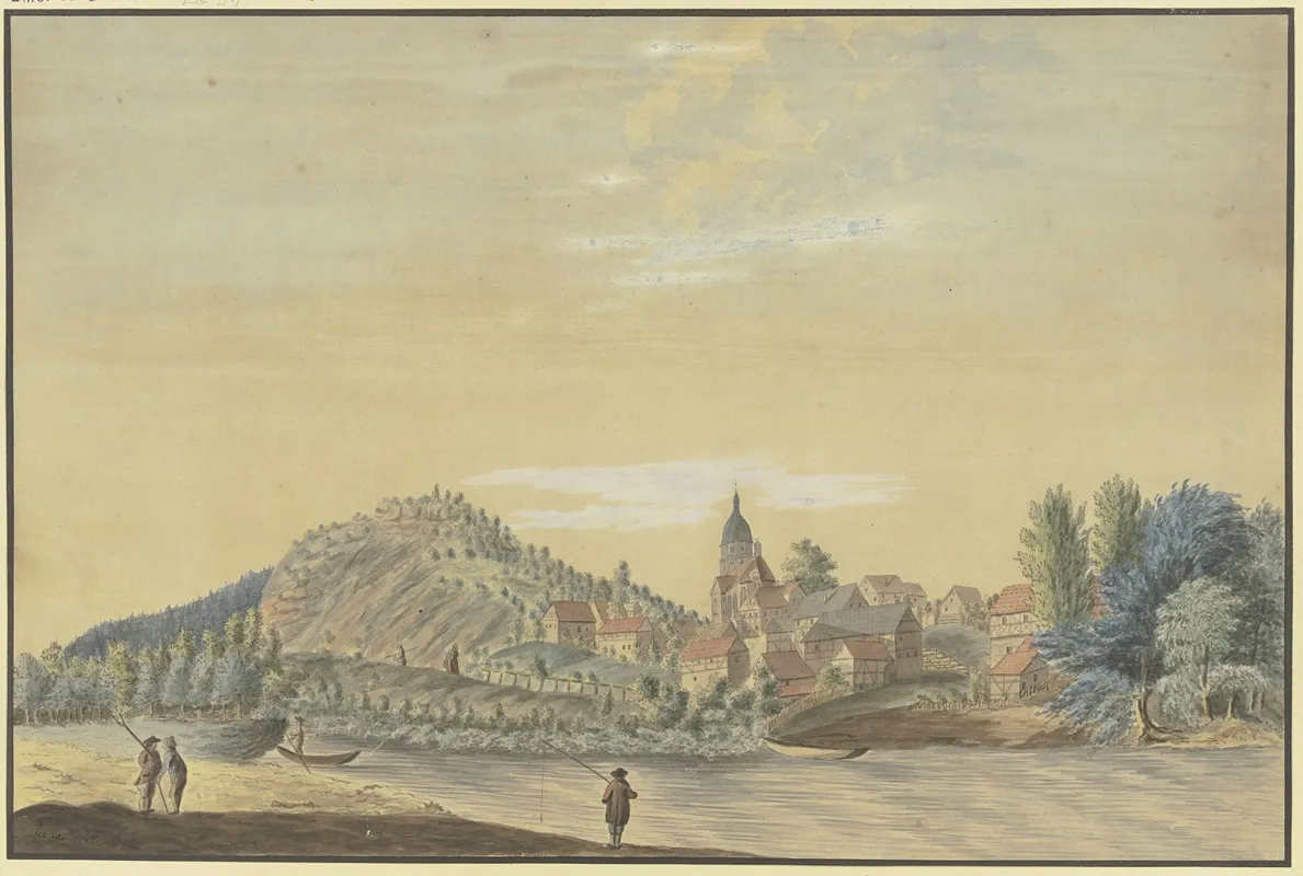 Dorf Mit Einer Kirche An Einem Fluss Im Vordergrund Ein Angler Ein Fahrmann Und Zwei Bauern Wall Art by Caspar Schneider - High-Resolution Digital Print