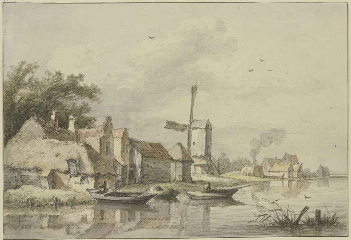 Dorf Mit Einer Windmuhle Am Wasser