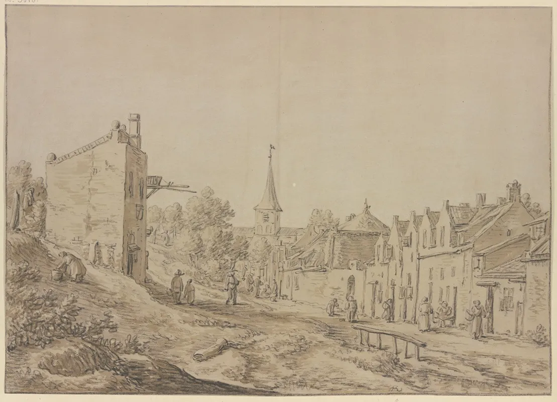 Dorfansicht Mit Figuren Links An Einem Abhang Eine Alte Frau Mit Einem Zuber Wall Art by Herman Saftleven III - High-Resolution Digital Print
