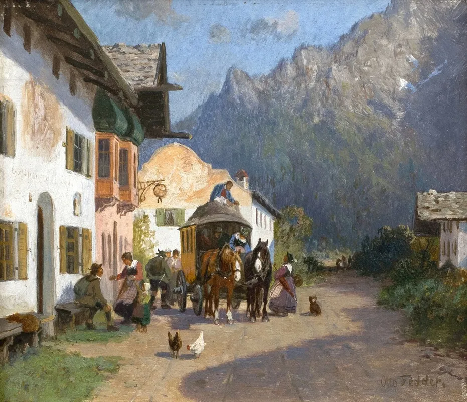 Dorfstrase In Mittenwald Mit Karwendelspitze Mit Postkutsche Wall Art by Otto Fedder - High-Resolution Digital Print