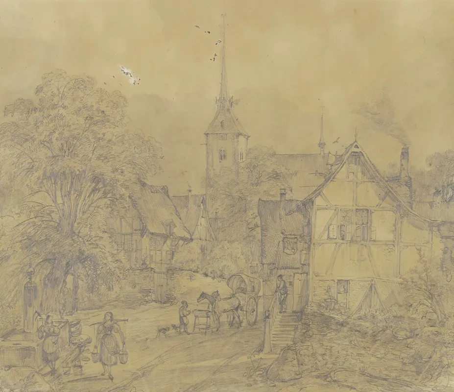 Dorfstrase Mit Kirche Und Wirtshaus Wall Art by Caspar Scheuren - High-Resolution Digital Print