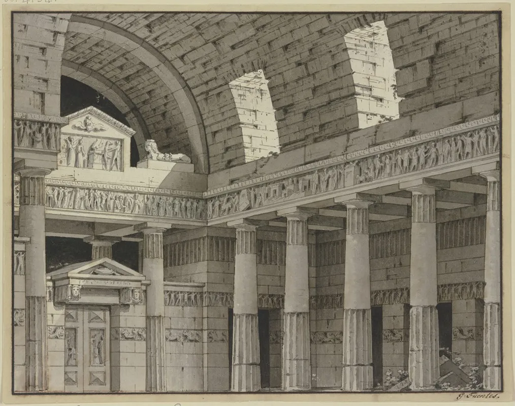 Dorische Saulenhalle Mit Rundbogengewolbe Und Einem Portal Mit Einer Sphinx