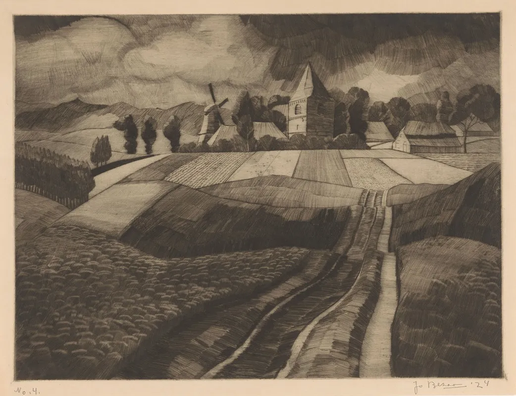 Dorp Met Molen En Kerk In Heuvellandschap