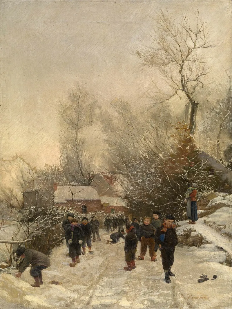 Dorpsgezicht Met Kinderen In De Sneeuw Wall Art by Georges Reinheimer - High-Resolution Digital Print