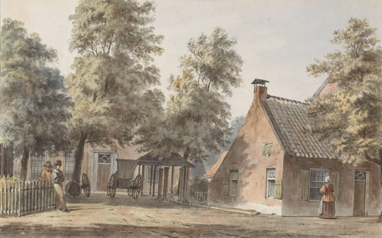 Dorpsgezicht Met Links Twee Mannen Leunend Tegen Een Hekwerk