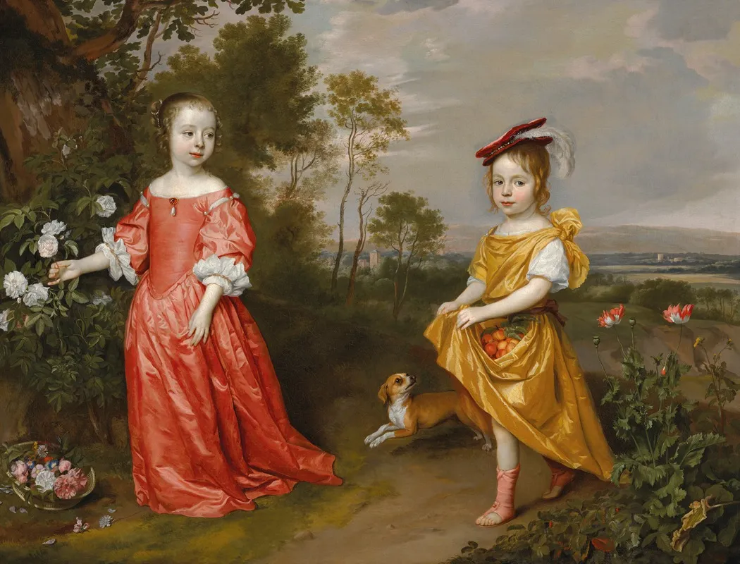 Double Portrait Of Two Children In A Landscape A Dog At Their Side Wall Art by Jan Mijtens - High-Resolution Digital Print