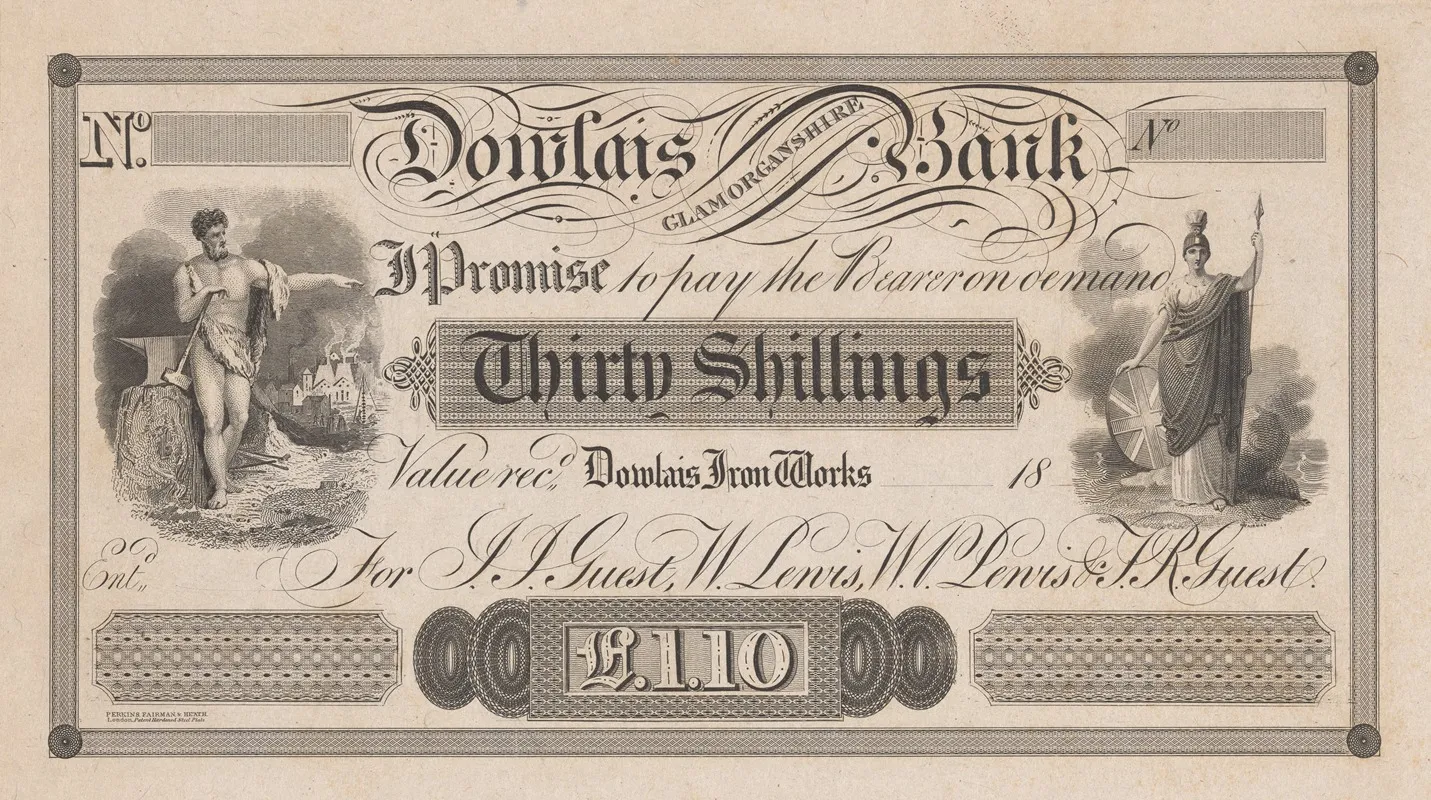 Dowlais Glamorganshire Bank Thirty Shilling Note Wall Art by Perkins & Heath - High-Resolution Digital Print
