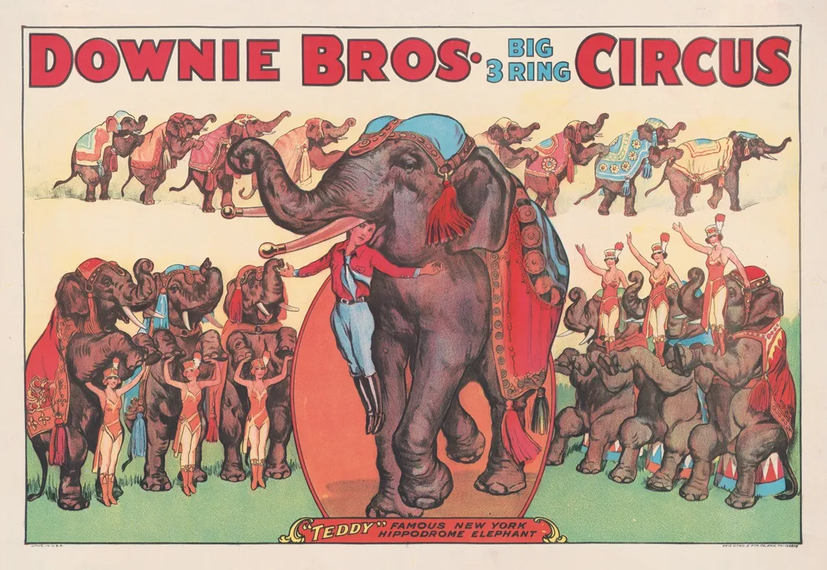Downie Bros Big 3 Ring Circus Teddy Famous New York Hippodrome Elephant Wall Art by Erie Litho Co. - High-Resolution Digital Print