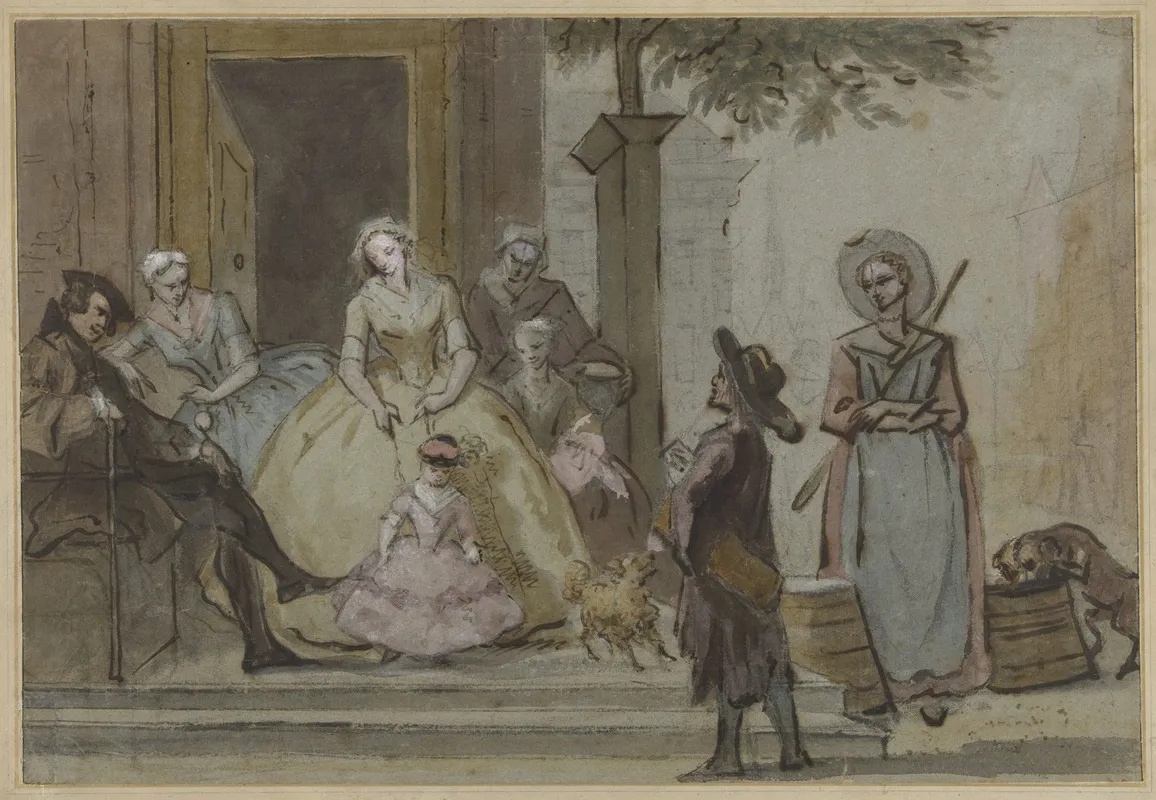 Draailier Speler Voor Een Luisterende Familie Op De Stoep Van Een Stadshuis