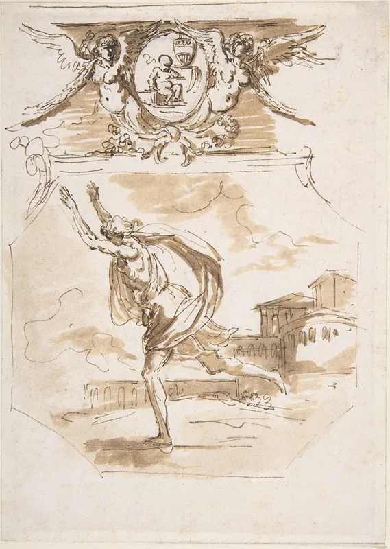 Draped Man Running Cartouche Supported By Two Winged Victories