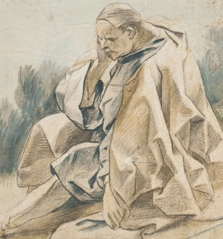 Drapery Study Of A Seated Man Wearing A Cap