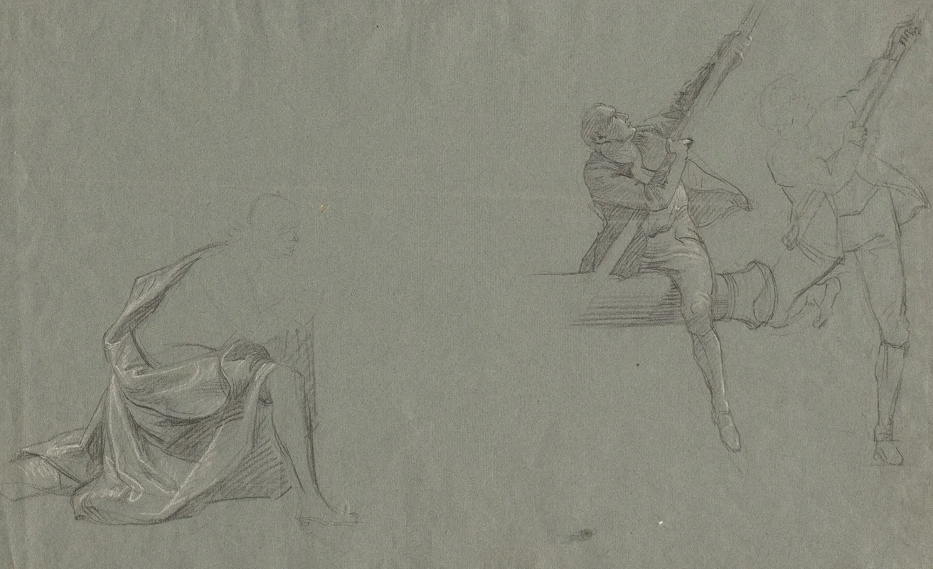 Drapery Study Two Figures Pulling A Pole