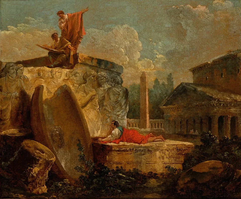 Draughtsmen In A Landscape With Ancient Ruins Wall Art by Hubert Robert - High-Resolution Digital Print